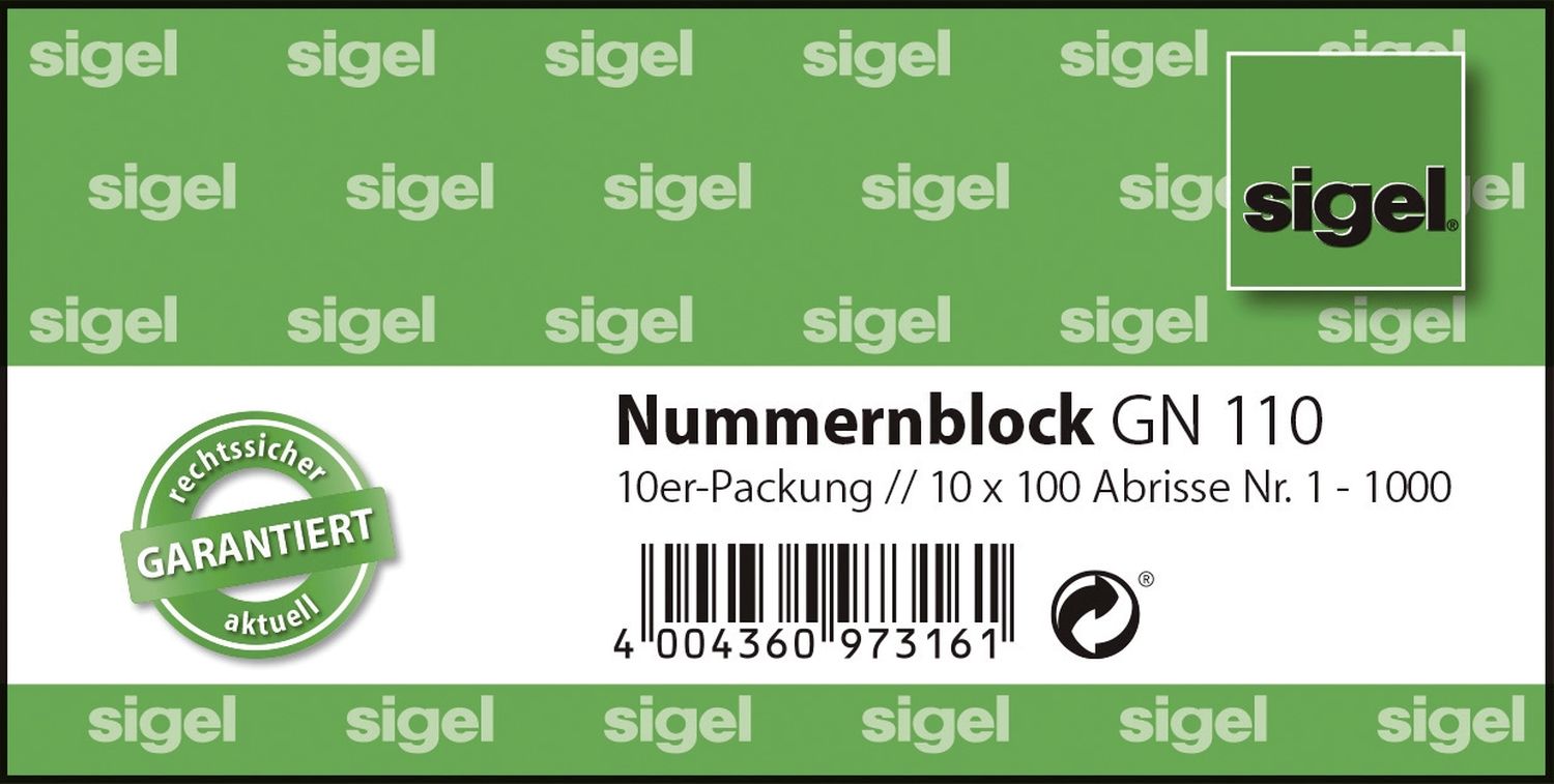Nummernblock - 1-1000, 5 farbig sortiert, 105x50 mm, 10 x 100 Blatt