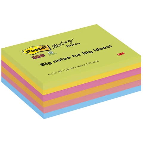 Haftnotiz Post-it Super Sticky Meeting Notes 8645-6SS-EU, 152 x 203 mm, sortiert, 6 x 45 Blatt