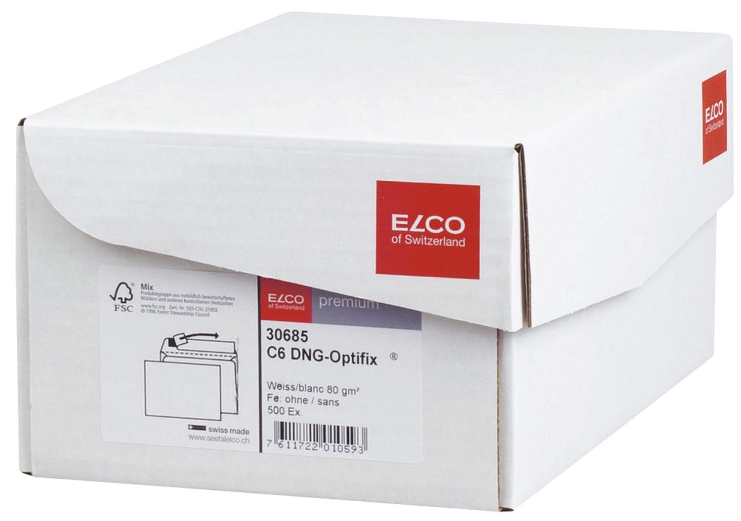 Briefumschlag Elco 30685, C6, weiß, haftklebend, ohne Fenster, 80 g/qm, 500 Stück in Office Box mit Deckel