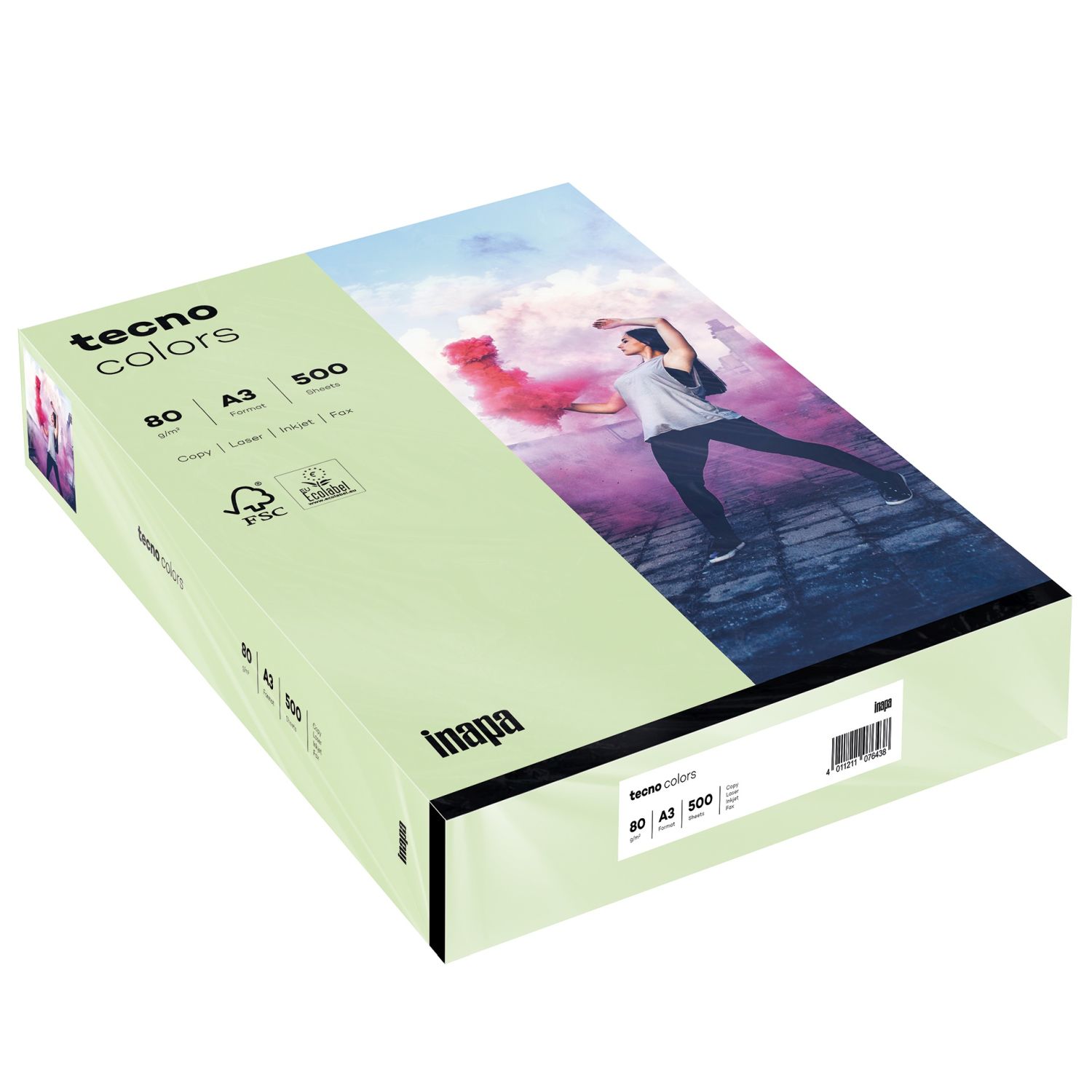 Kopierpapier Inapa tecno® colors 2100011443 DIN A3, 80 g/qm, mittelgrün, pastell, 500 Blatt