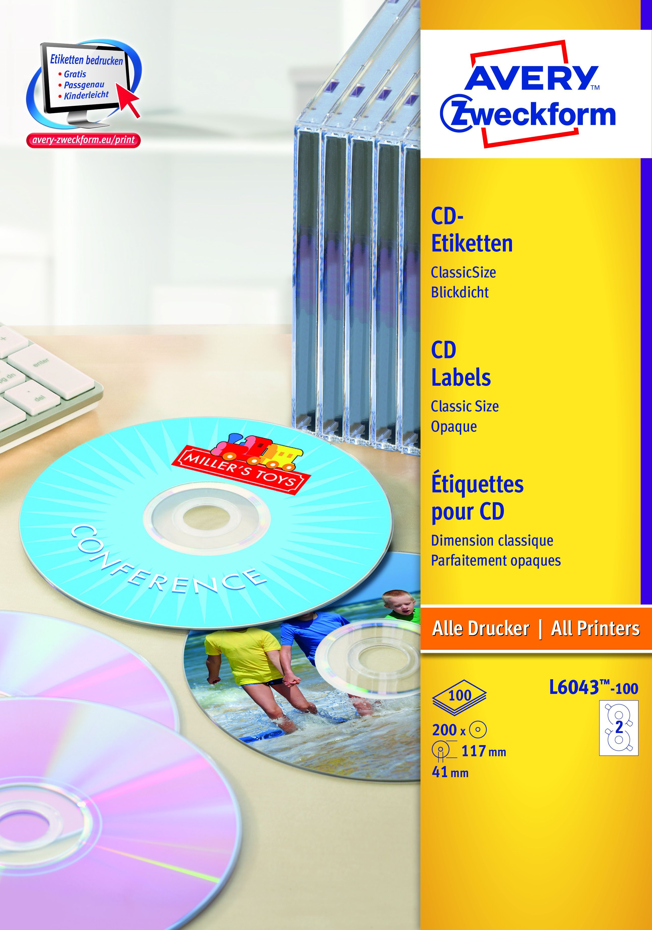 L6043-100 CD-Etiketten, Ø 117 mm, 100 Blatt/200 Etiketten, weiß