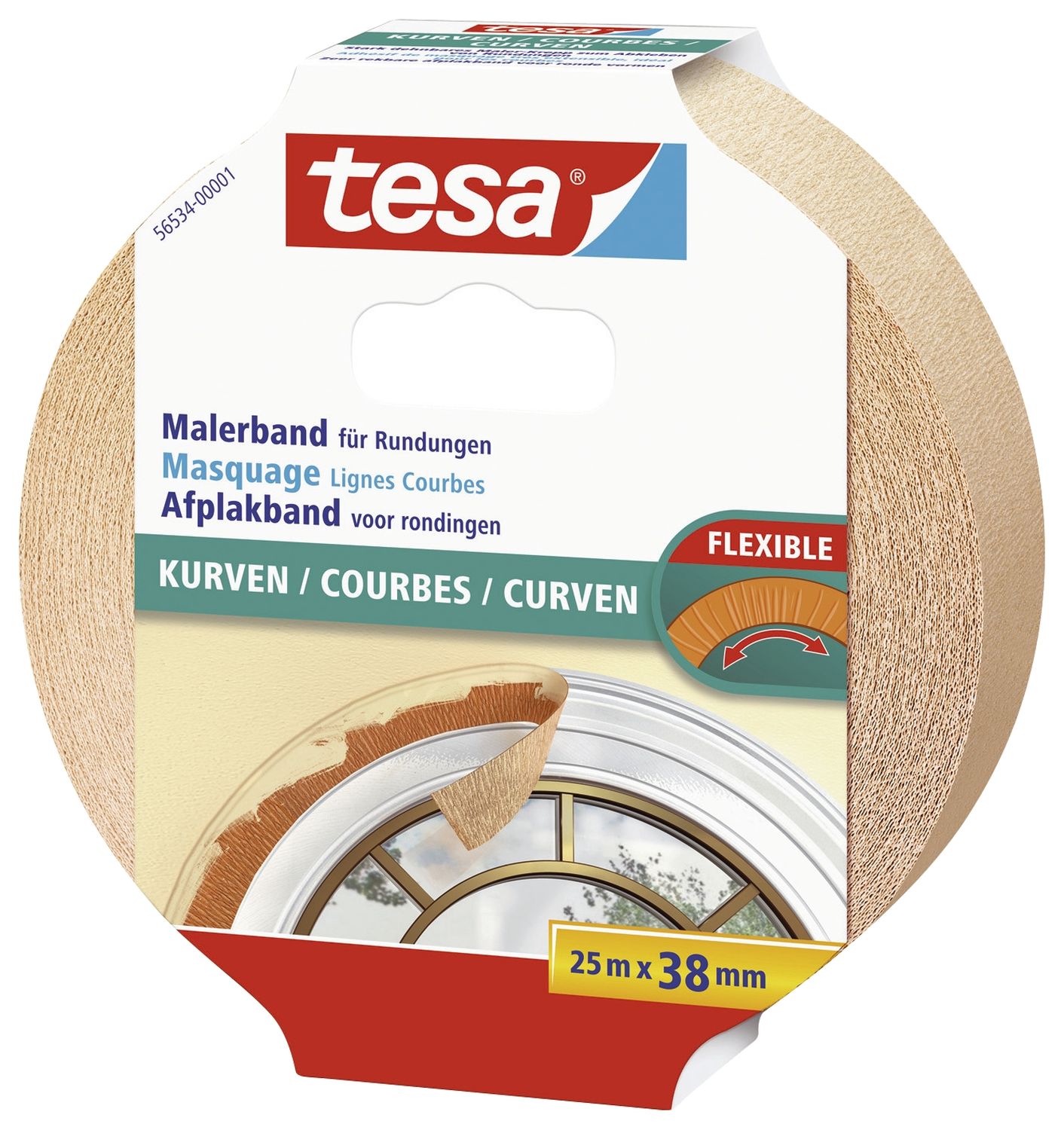 Papier-Klebeband Maler-Krepp für Rundungen - 25 m x 38 mm, beige