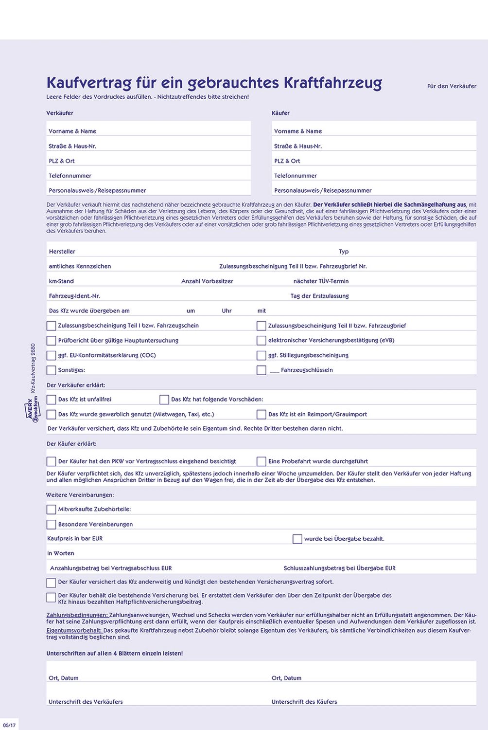 2880 Kaufvertrag - gebrauchtes Kfz, DIN A4, selbstdurchschreibend, blau
