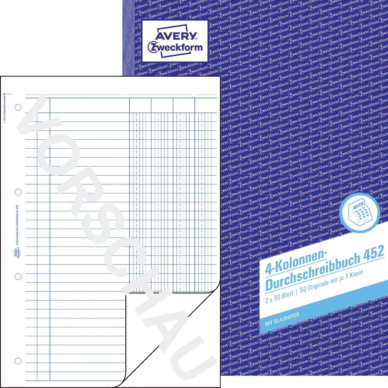 452 Kolonnen-Durchschreibbuch, DIN A4, 4 Kolonnen, 2 x 50 Blatt, weiß