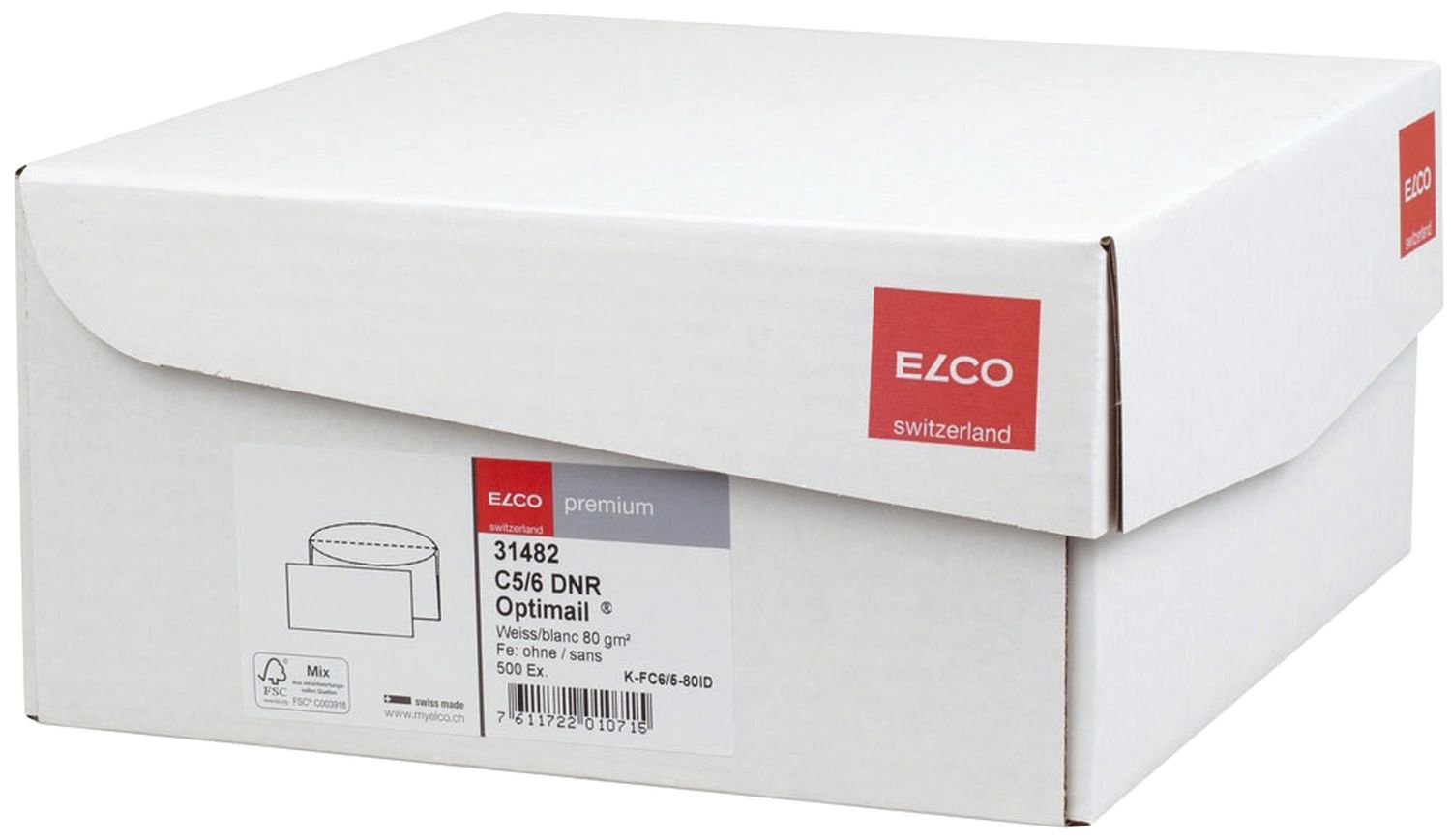 Kuvertierhülle Elco premium 31482, C6/5 DIN lang, weiß, nassklebend, ohne Fenster, 80 g/qm, 500 Stück in Office Box mit Deckel