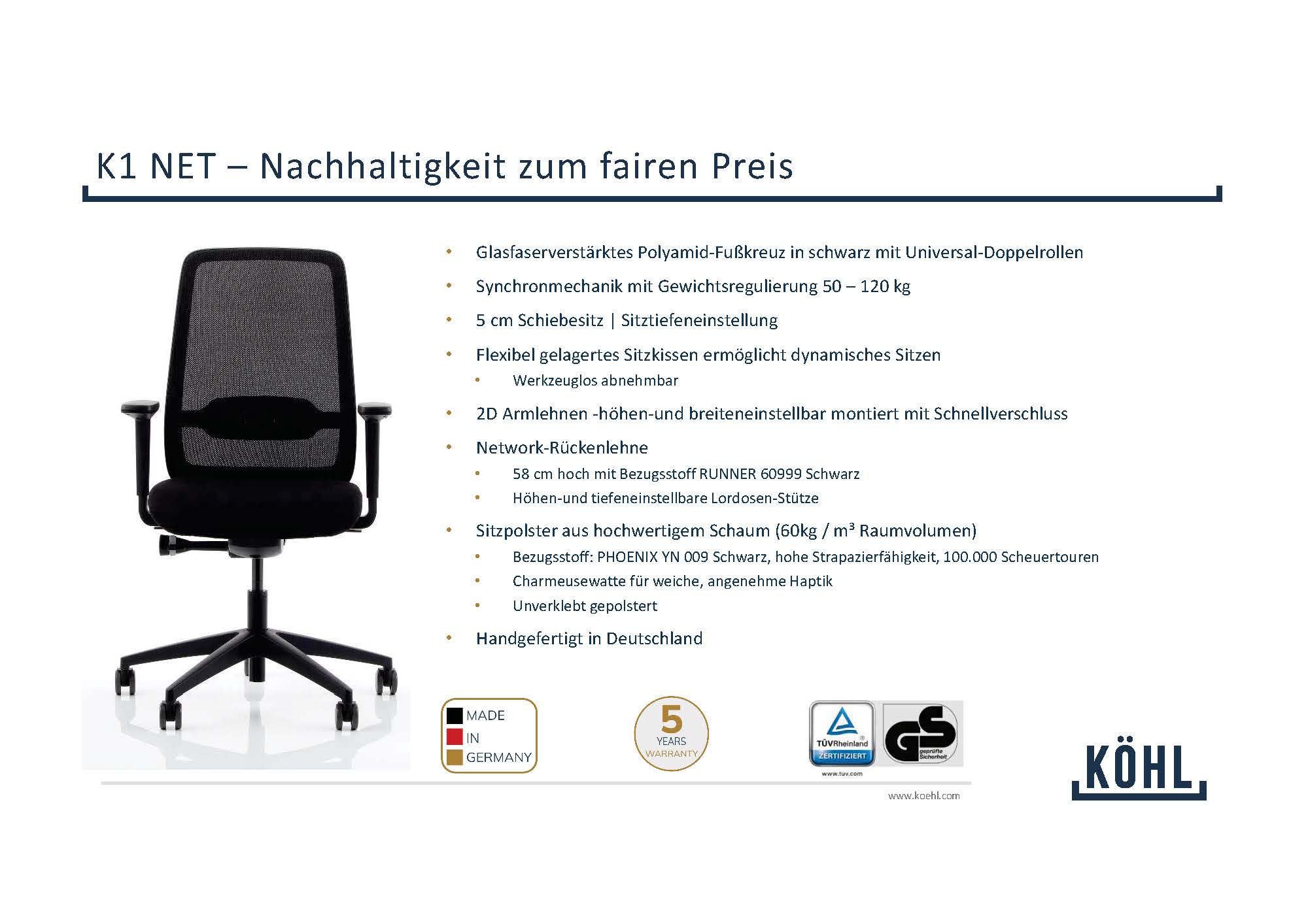 Bürodrehstuhl Köhl K1 NET, 8 h - Sitzdauer, bis 120kg belastbar, Netzrücken / Stoff schwarz