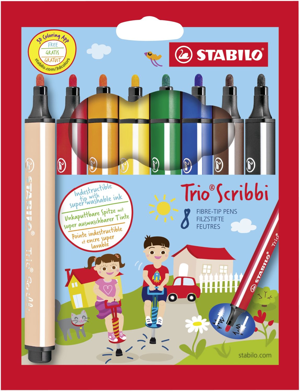 Gefederter Dreikant-Filzstift - Trio Scribbi - 8er Pack - mit 8 verschiedenen Farben