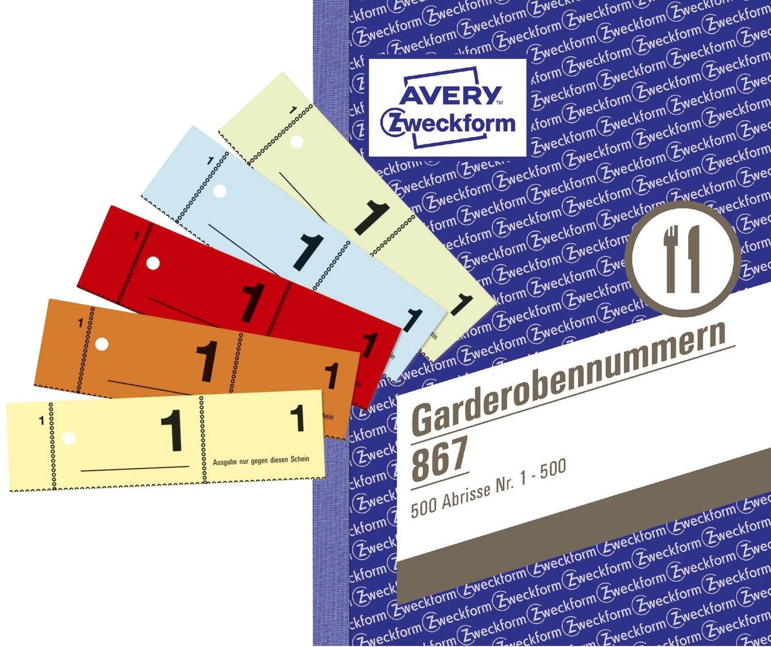 867 Garderobennummern, DIN A6, farbig sortiert, 100 Blatt / Block, gelb, orange, rot, blau, grün