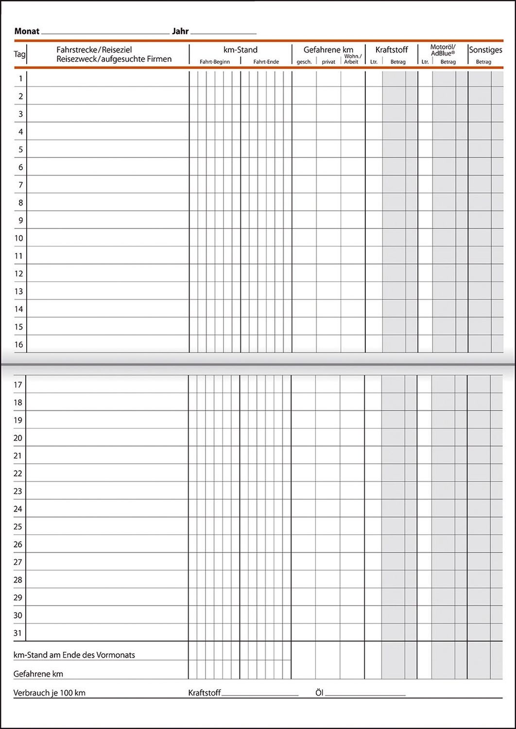 Fahrtenbuch für Pkw und Lkw - mit Klammerheftung, A5, 32 Blatt