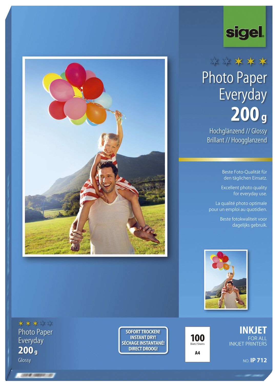 Fotopapier Photo Paper Everyday IP712, DIN A4, weiß, hochglänzend, 200 g/qm, 100 Blatt für Inkjetdrucker