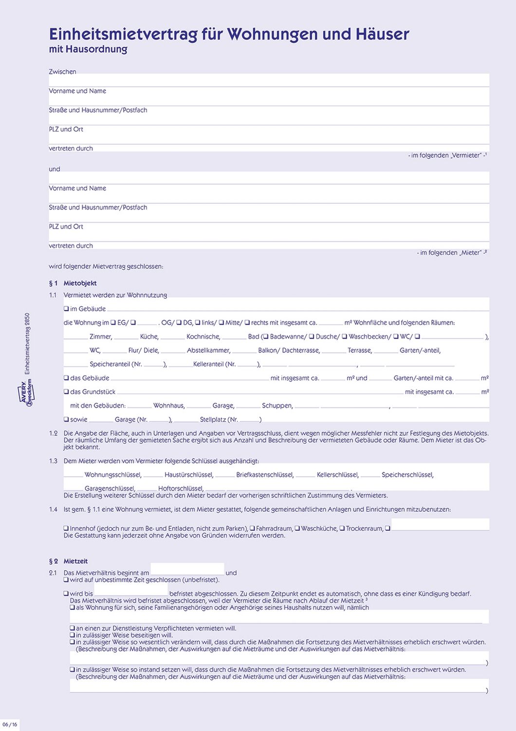 2850 Einheitsmietvertrag - Wohnungen und Häuser, DIN A4, mit Hausordnung, 1 Satz/5 Stück, blau