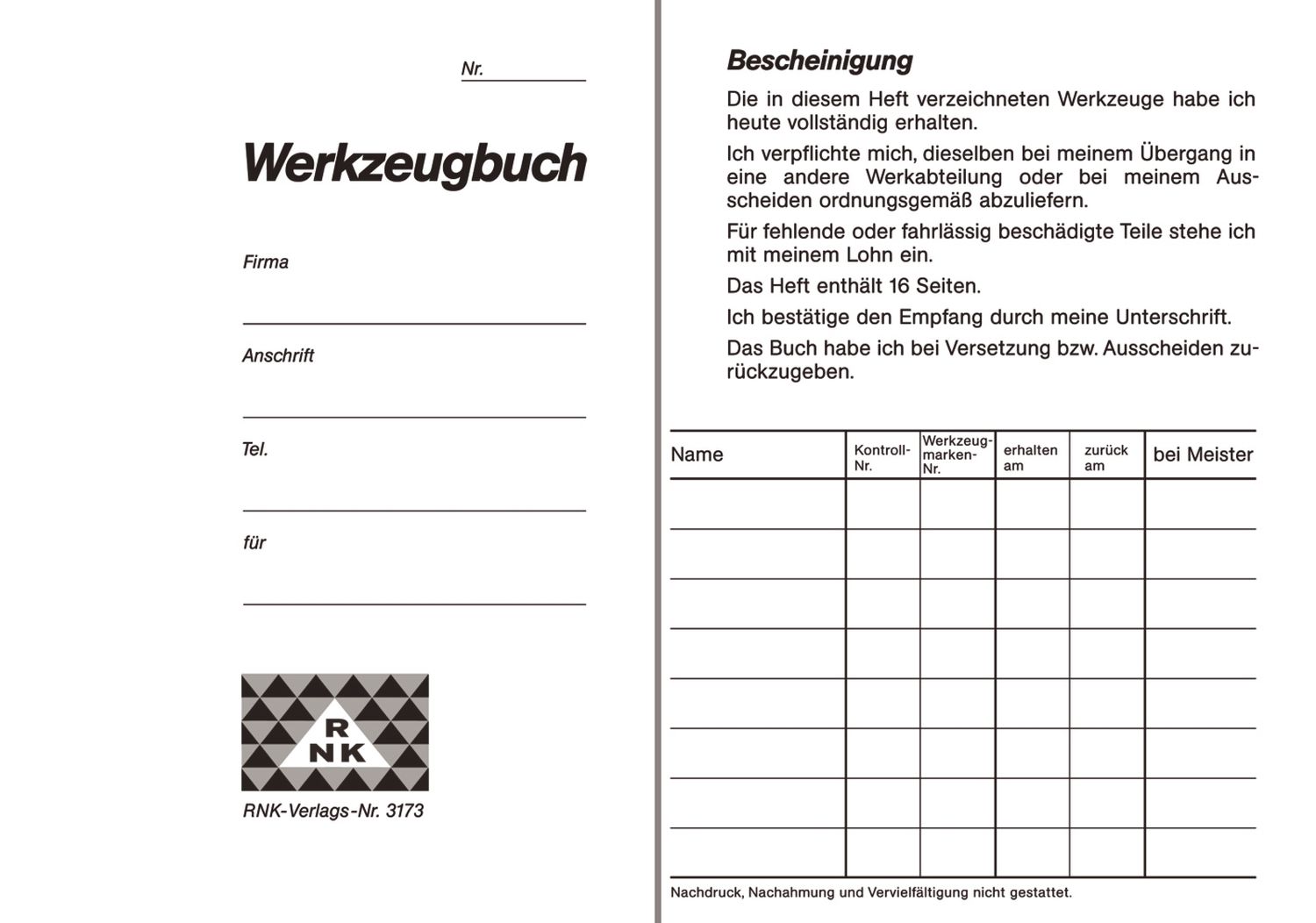 Werkzeugbuch, 16 Seiten, DIN A6