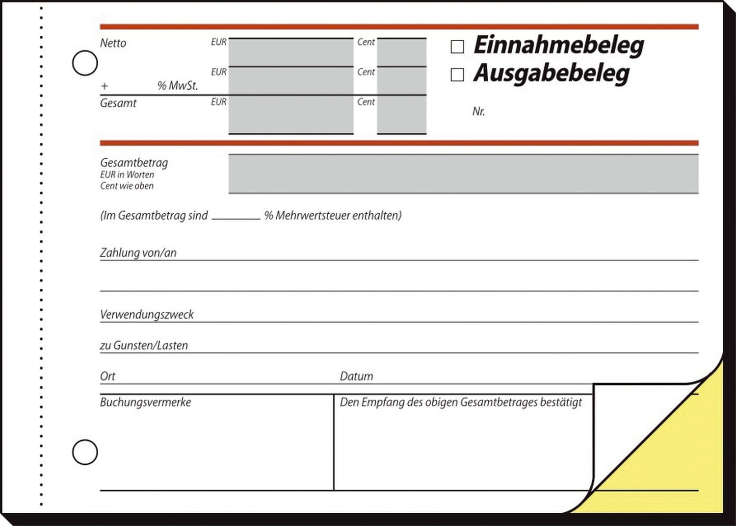 Ausgabe-/Einnahmebelege mit Sicherheitsdruck - A6 quer, 1. und 2. Blatt bedruckt, SD, MP, 2 x 40 Blatt