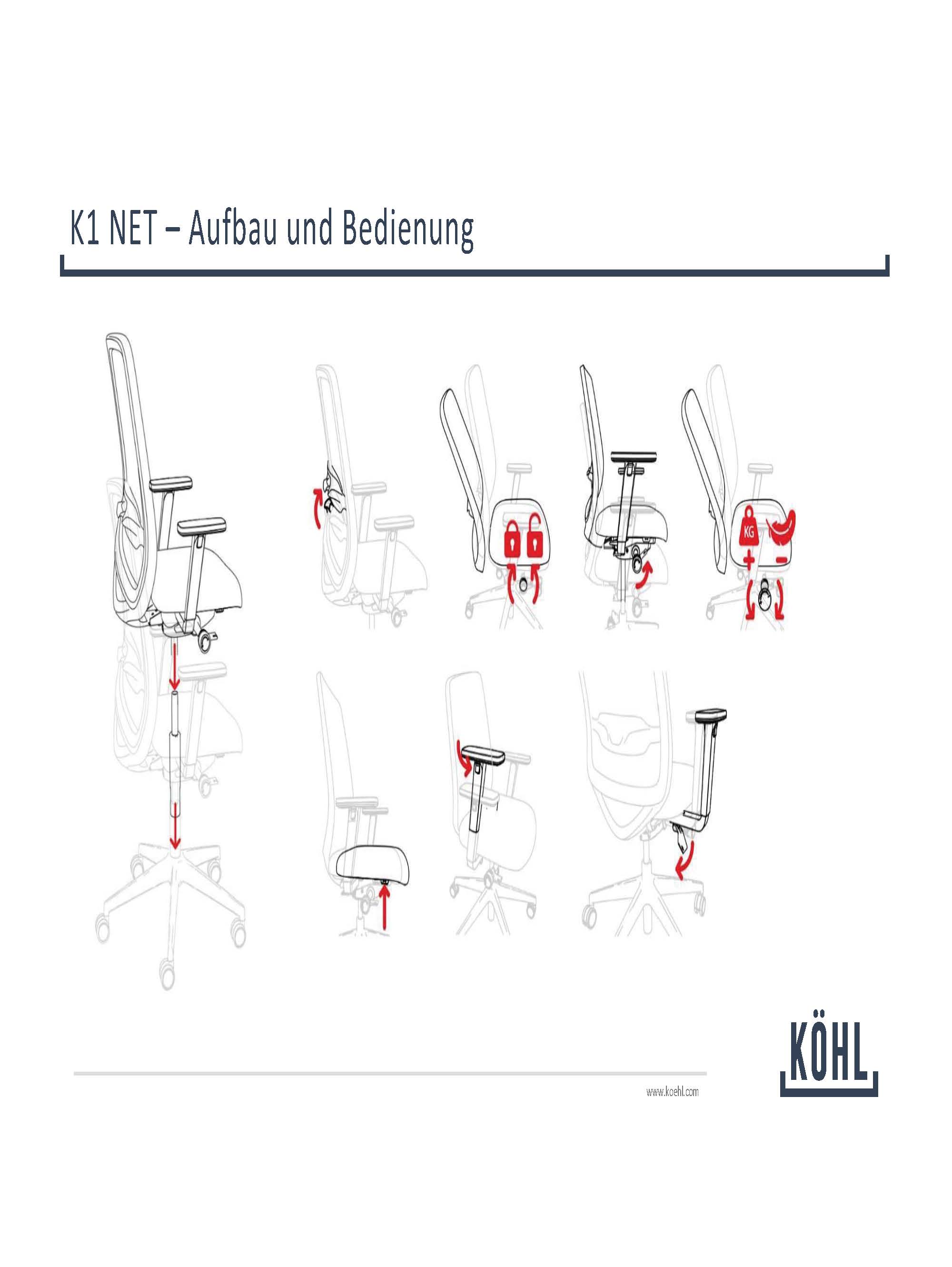 Bürodrehstuhl Köhl K1 NET, 8 h - Sitzdauer, bis 120kg belastbar, Netzrücken / Stoff schwarz