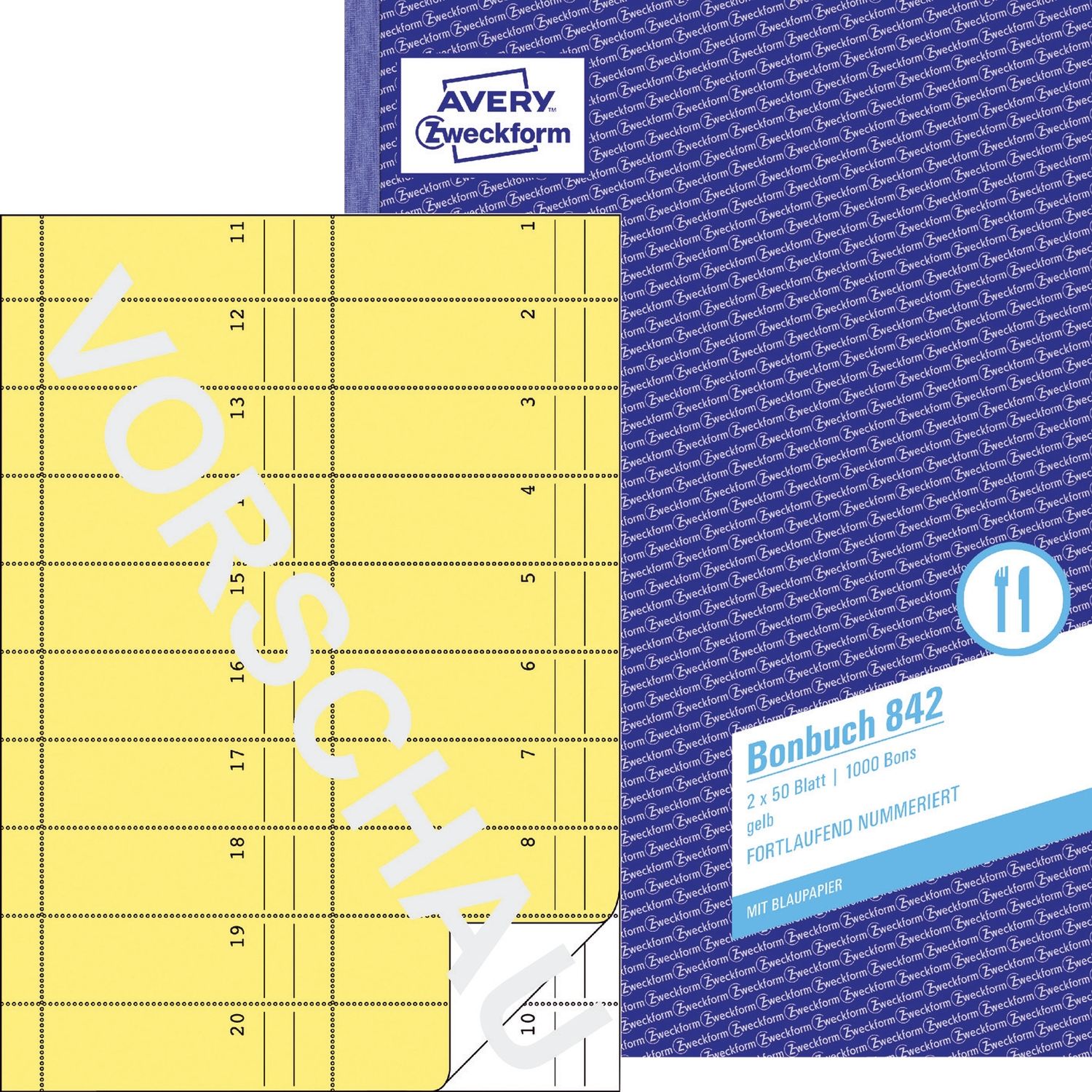 842 Bonbuch, DIN A4, fortlaufend nummeriert, 2 x 50 Blatt, gelb, weiß