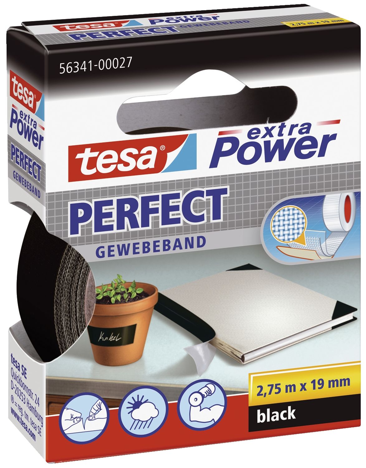 Gewebeklebeband extra Power Perfect - 2,75 m x 19 mm, schwarz