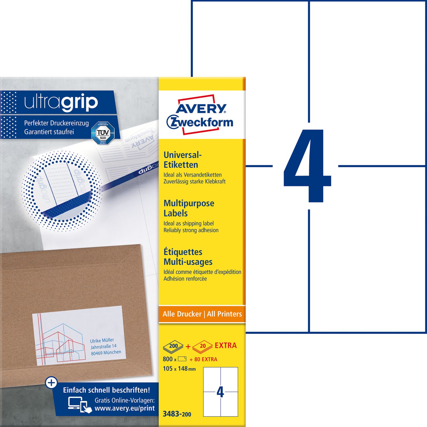 3483-200 Universal-Etiketten ultragrip - 105 x 148 mm, weiß, 880 Etiketten, permanent