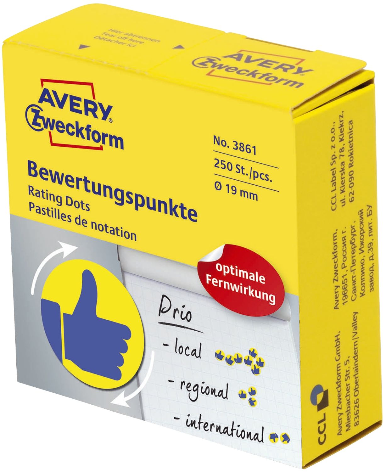 3861 Bewertungspunkt "Daumen" - Ø 19 mm, Spender mit 250 Etiketten, blau / gelb