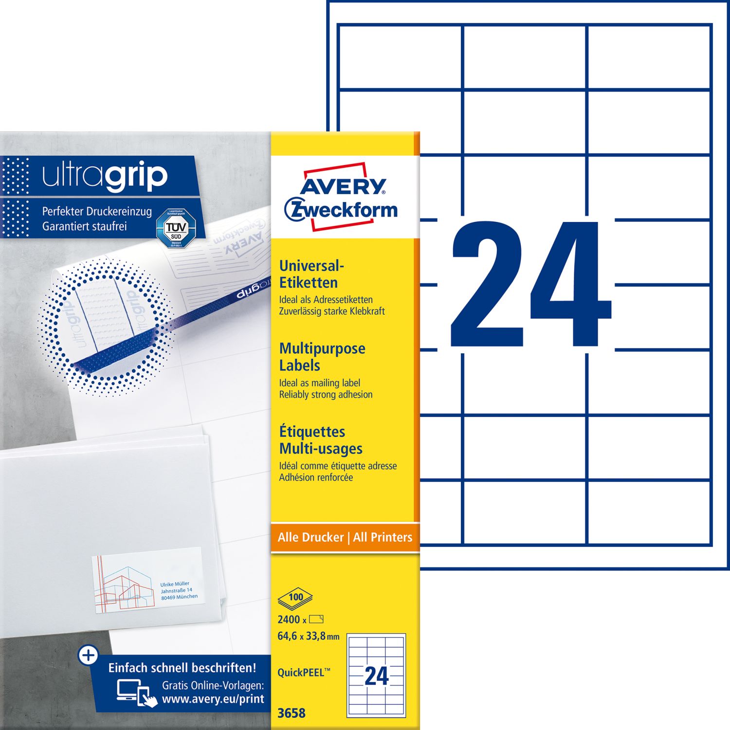 3658 Universal-Etiketten ultragrip - 64,6 x 33,8 mm, weiß, 2.400 Etiketten, permanent