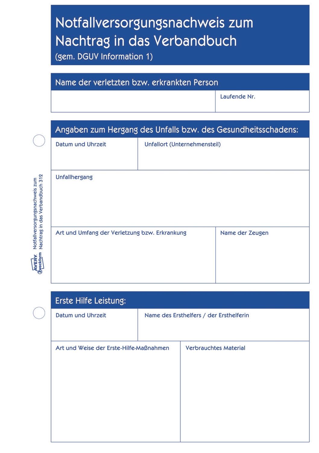 Erste Hilfe Meldeblock Avery Zweckform 312 DIN A5, 50 Blatt