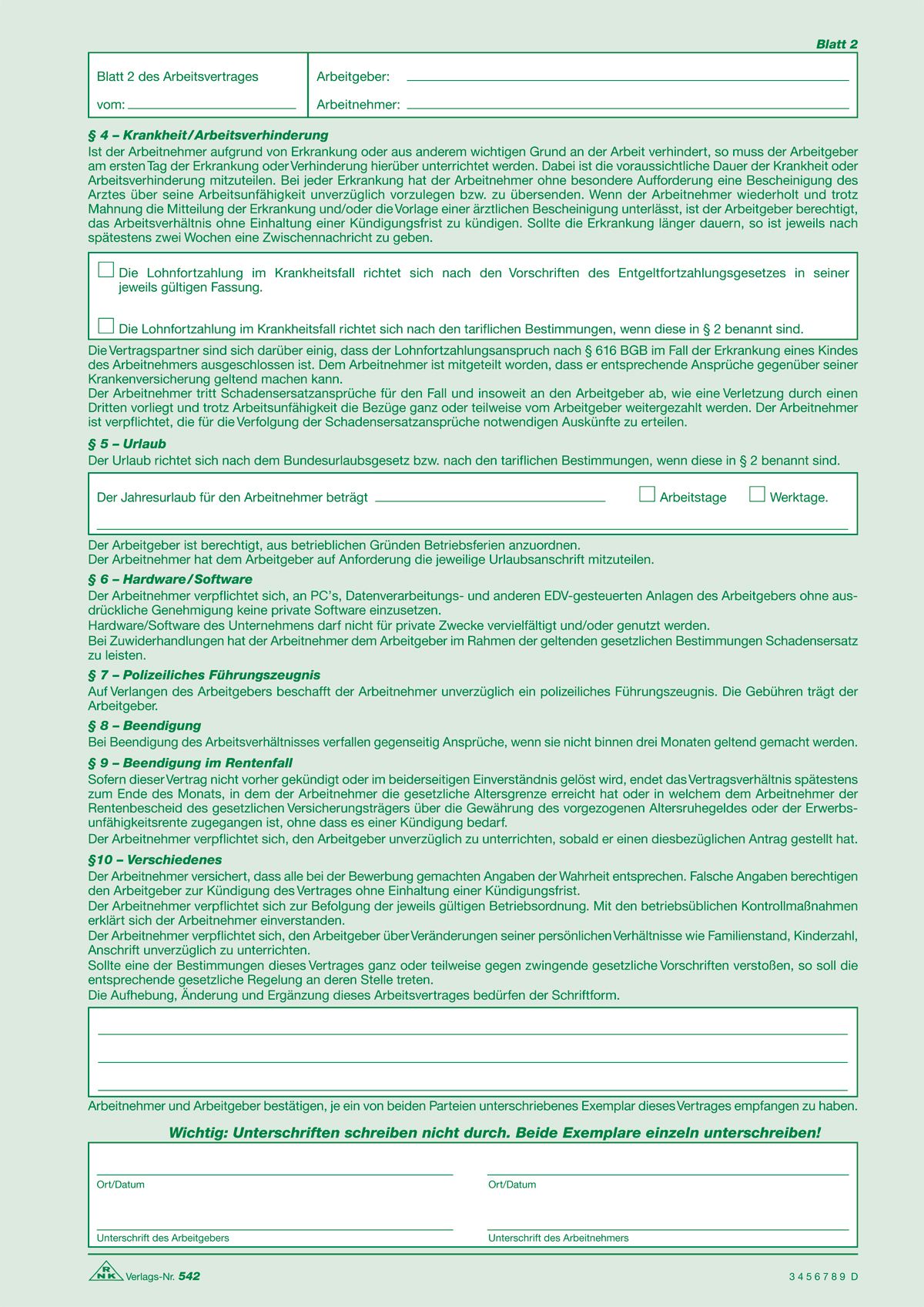 Arbeitsvertrag für gewerbliche Arbeitnehmer - SD, 2 x 2 Blatt, DIN A4