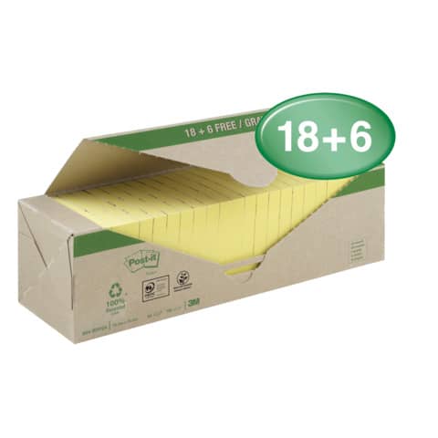 Haftnotiz Post-it Recycling Notes 654-RYP24, 76 x 76 mm, gelb, 6 x 100 Blatt