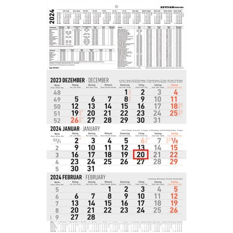 3-Monatskalender AlphaEdition 102369 Wandkalender, Jahr 2024 mit Datumsschieber 30 x 48,7 cm