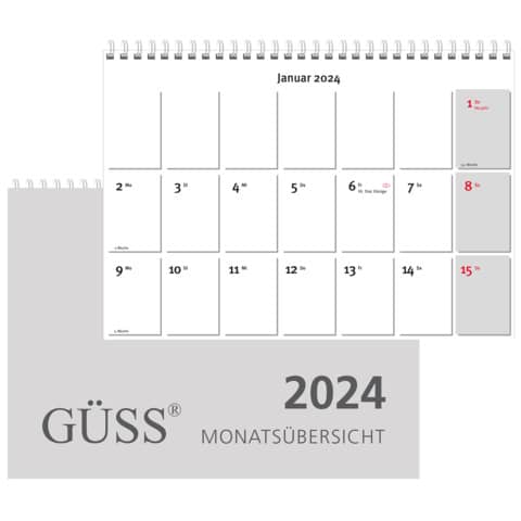 Wandkalender Güss 6, Jahr 2024, DIN A4, quer, 1 Monat auf 2 Seiten, Karton