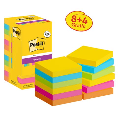 Haftnotiz Post-it Super Sticky Notes 654-SS-CARN-P8+4, 76 x 76 mm, sortiert, 12 x 90 Blatt