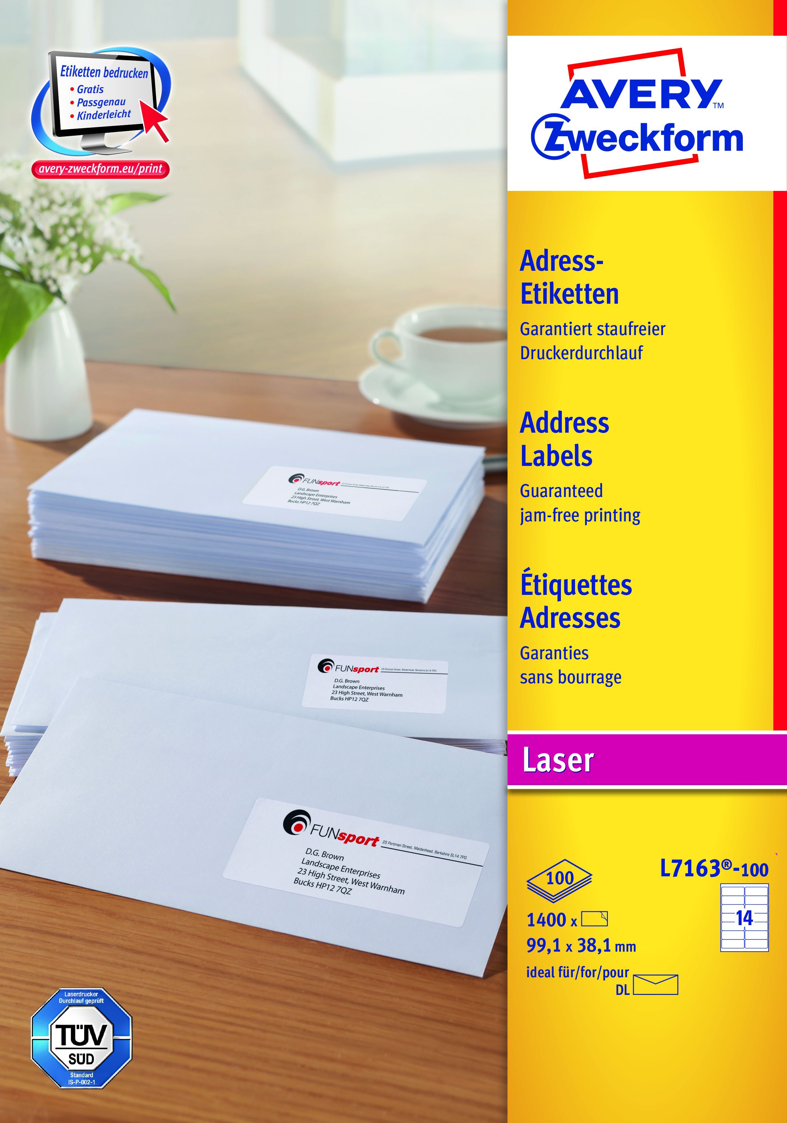 L7163-100 Adress-Etiketten - 99,1 x 38,1 mm, weiß, 1.400 Etiketten/100 Blatt, permanent, für DIN lang Kuverts