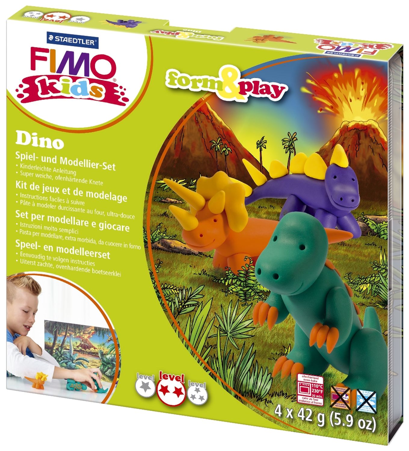 Modelliermasse FIMO® Kids Materialpackung Form & Play "Dino", 4 x 42 g