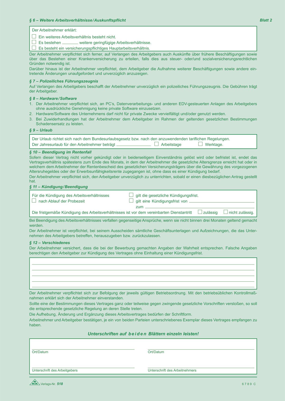 Arbeitsvertrag geringfügig Beschäftigte - SD, 2x2 Blatt + Zusatzblatt, DIN A4