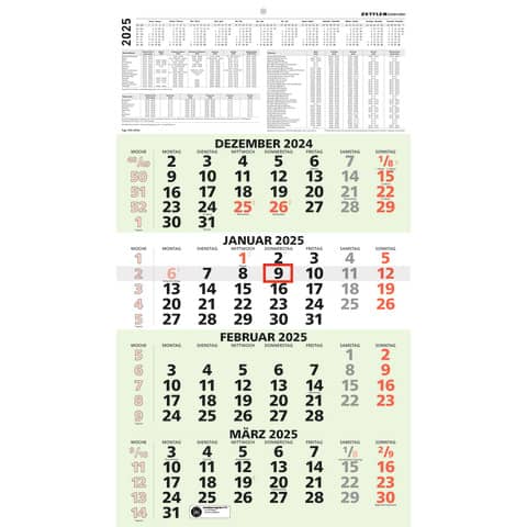 4-Monatskalender 959 Zettler 602616 Wandkalender, Jahr 2025 mit Datumsschieber 33 x 59 cm