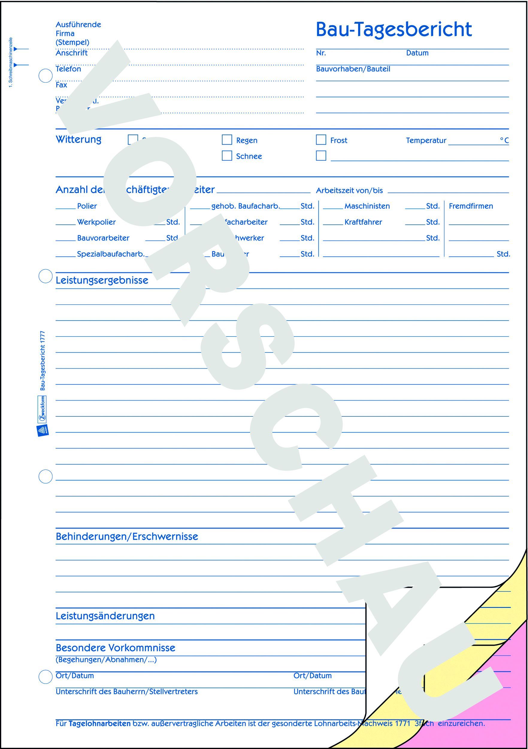 1777 Bau-Tagesbericht, DIN A4, selbstdurchschreibend, 3 x 40 Blatt, weiß, gelb, rosa