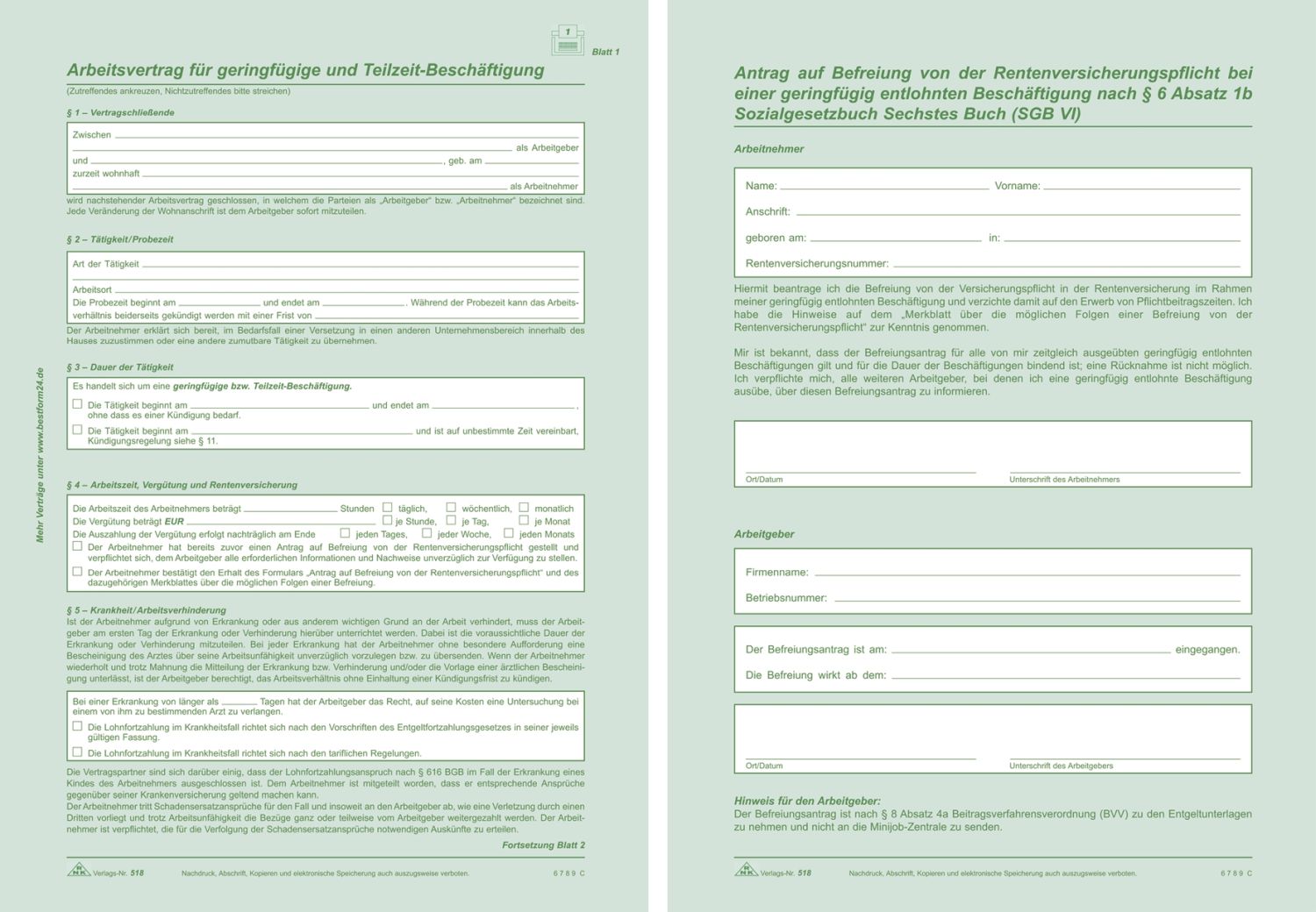 Arbeitsvertrag geringfügig Beschäftigte - SD, 2x2 Blatt + Zusatzblatt, DIN A4