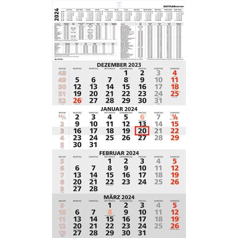 4-Monatskalender 959 Zettler 602234 Wandkalender, Jahr 2024 mit Datumsschieber 33 x 59 cm