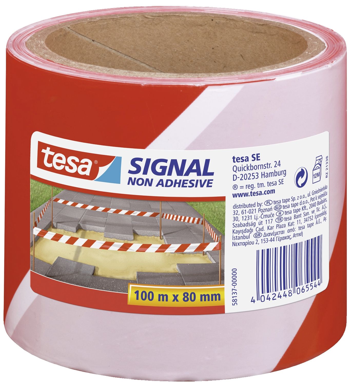 Absperrband tesa® 58137, nicht klebend, rot/weiß, 80 mm x 100 m