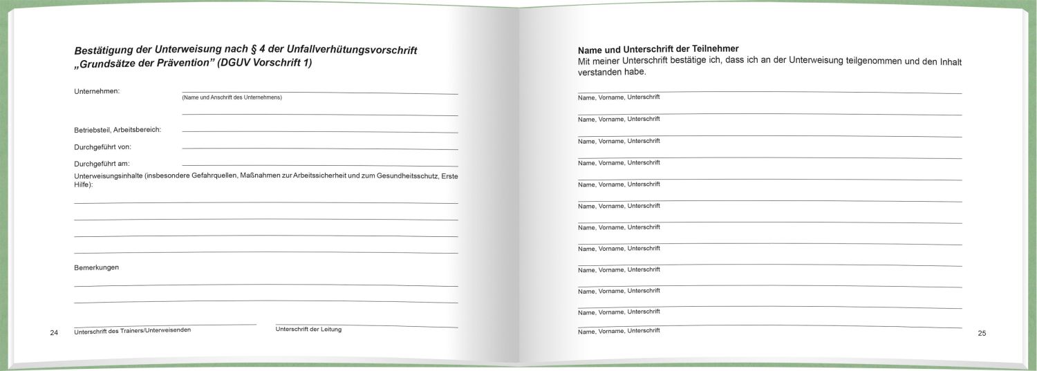 Unterweisungsbuch für die betriebliche Unfallverhütung, 48 Seiten, DIN A5 quer