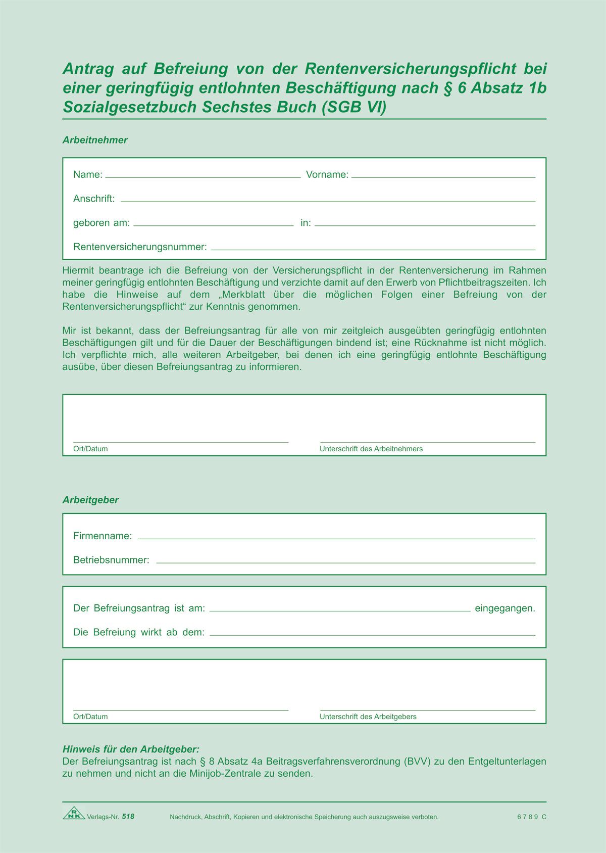 Arbeitsvertrag geringfügig Beschäftigte - SD, 2x2 Blatt + Zusatzblatt, DIN A4