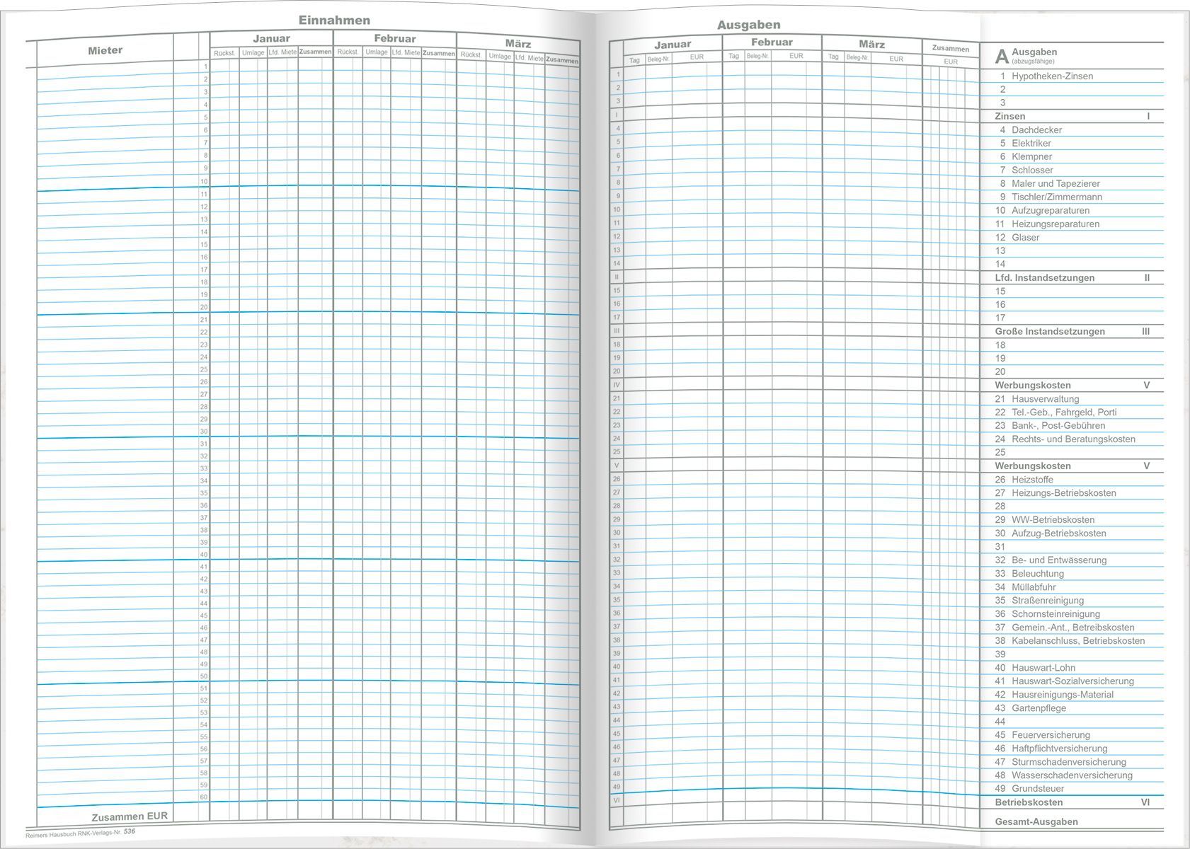 Reimers Hausbuch, 1 Seite für je 3 Monate, mit Jahreszusammenstellung, DIN A4