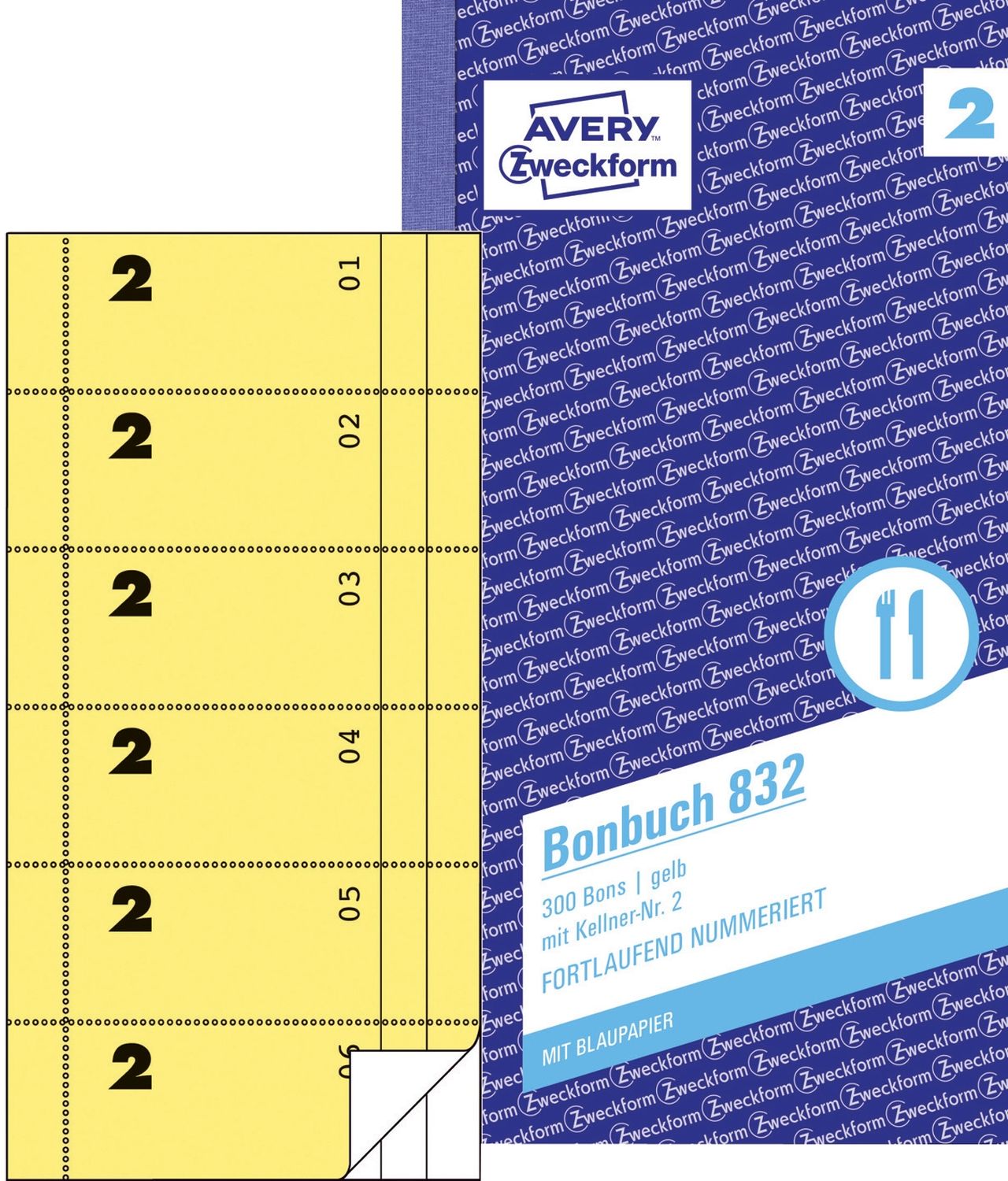 832 Bonbuch, Kompaktblock, mit Kellner-Nr., 2 x 50 Blatt, gelb