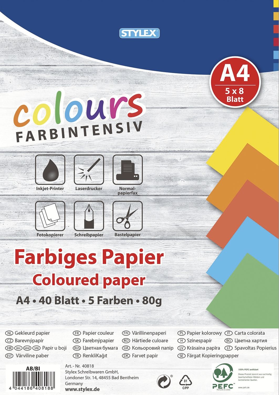 Farbiges Kopierpapier STYLEX® 40825, DIN A4, 80 g/qm, 40 Blatt, sortiert