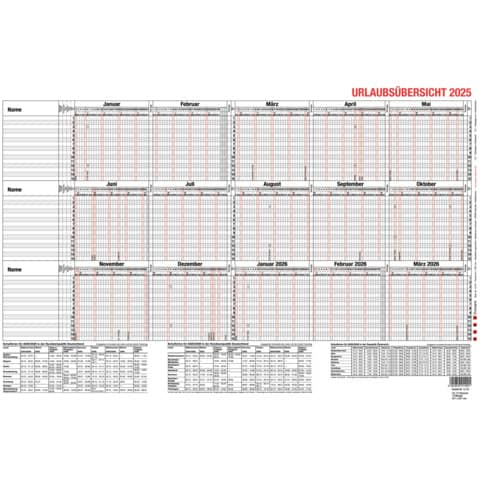 Urlaubsplaner Güss 12-54V, Jahr 2025, DIN A3+ (46 x 30 cm), für 15 Mitarbeiter