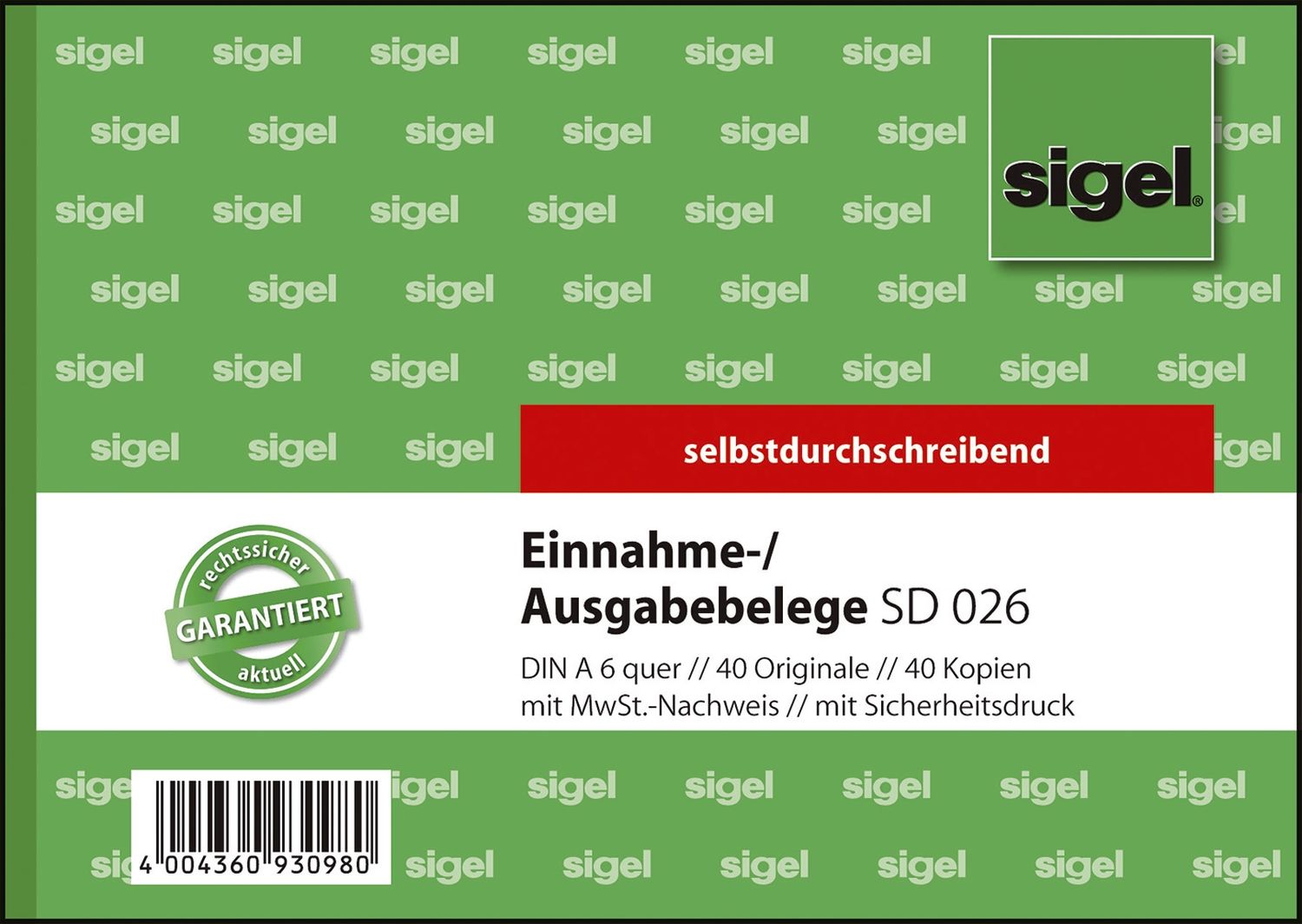 Ausgabe-/Einnahmebelege mit Sicherheitsdruck - A6 quer, 1. und 2. Blatt bedruckt, SD, MP, 2 x 40 Blatt