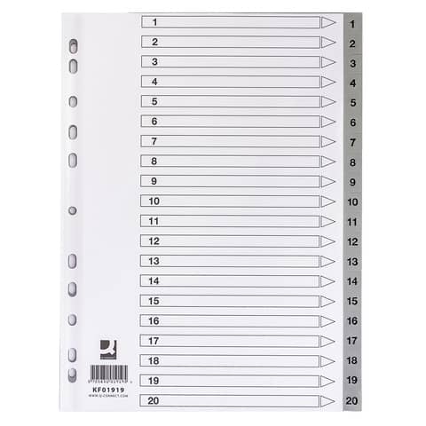 Register Q-Connect KF01919, 1 - 20, DIN A4, 20-teilig + Indexblatt, PP, grau