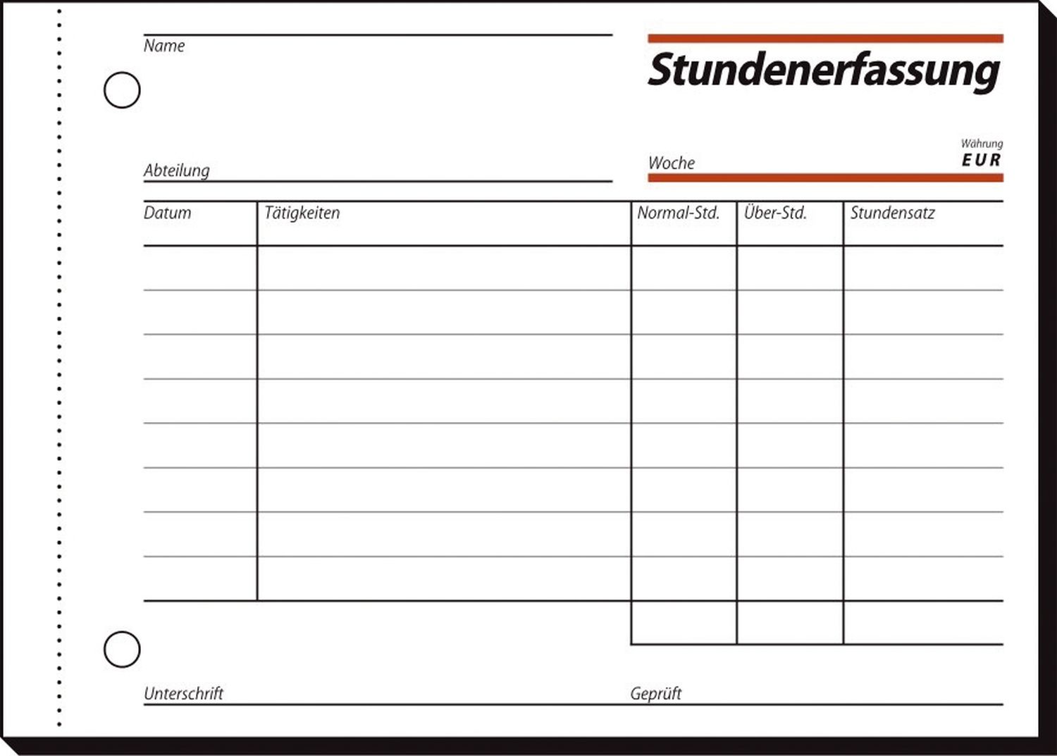 Stundenerfassung -  A6 quer, MP, BL, 50 Blatt