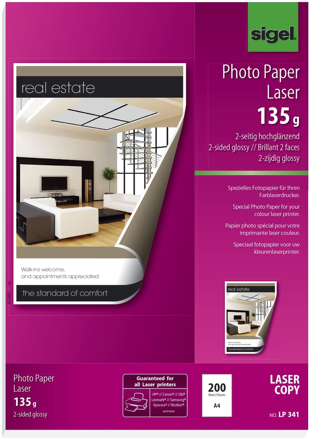 Fotopapier Photo Paper Laser LP341, DIN A4, weiß, hochglänzend, 135 g/qm, 200 Blatt für Laserdrucker