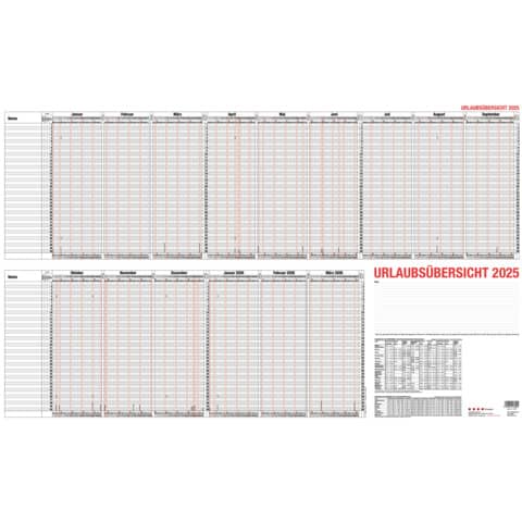 Urlaubsplaner Güss 12-30V, Jahr 2025, DIN A1+ (100 x 60 cm), für 40 Mitarbeiter