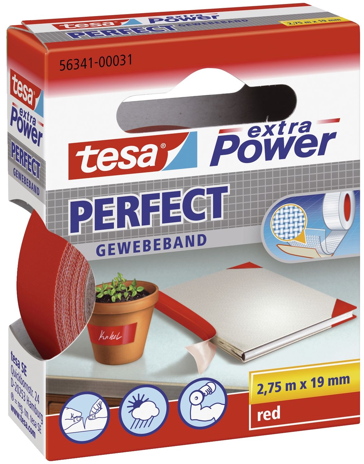 Gewebeklebeband extra Power Perfect - 2,75 m x 19 mm, rot