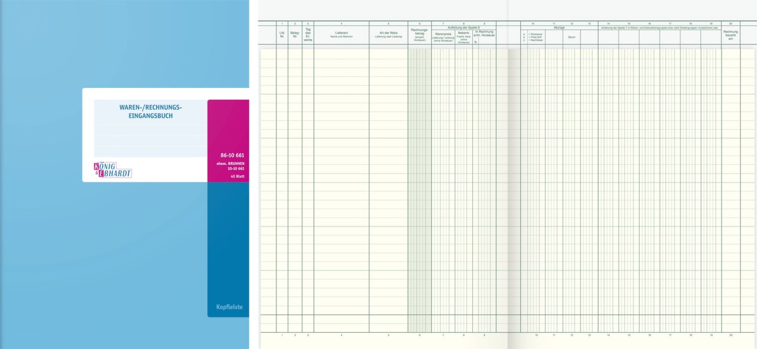 Rechnungs-/Waren-Eingangsbuch, 2 Seiten, A4, 210 x 257 mm, 40 Blatt